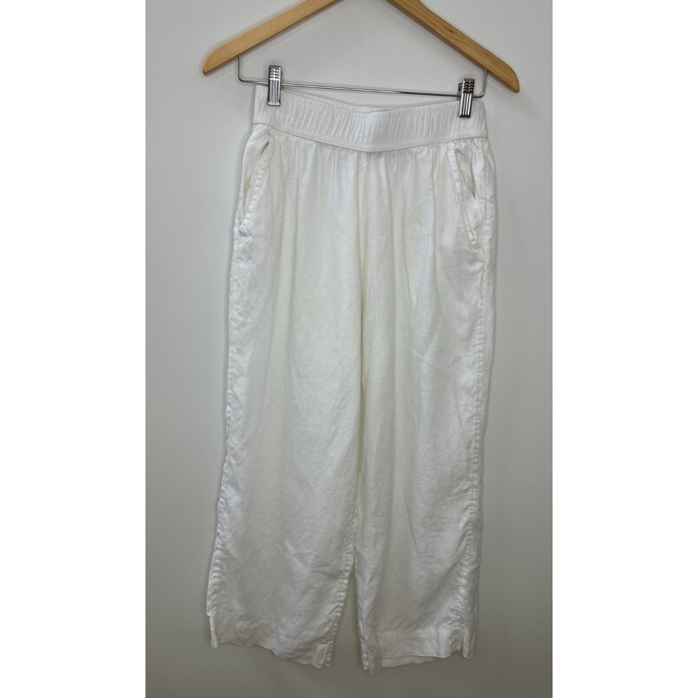 Tahari 100% Linen Wide Leg Crop Ankle Pants Elastic Waist Pockets White Small - Picture 2 of 12